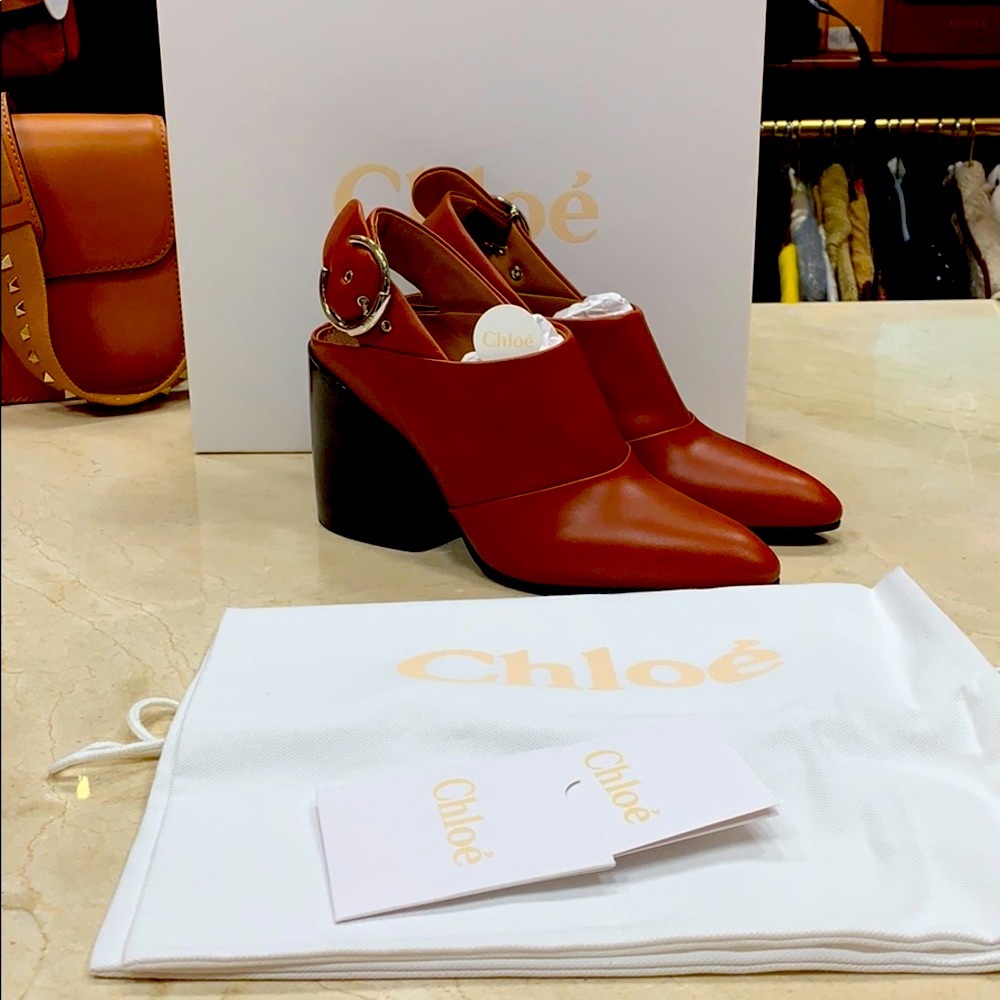 CHLOE WAVE SLINGBACK IN SEPIA BROWN LUXURY SMOOTH LEATHER WAVE HEEL SZ EU 38.5 - Picture 9 of 10